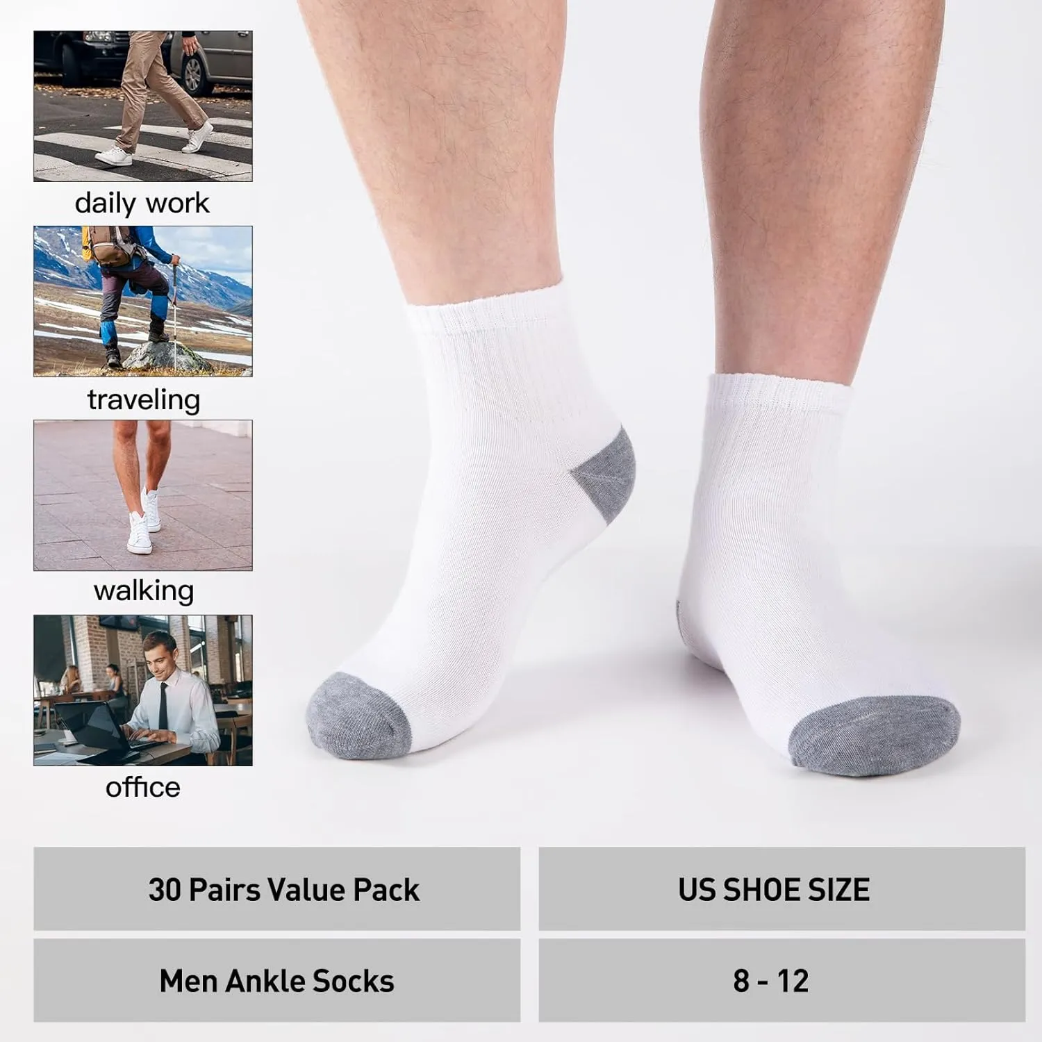30 Pairs Ankle Socks For Men/Women - Breathable Mens Socks Size 10-13 Mini Crew Quarter Sock Value Pack in Bulk