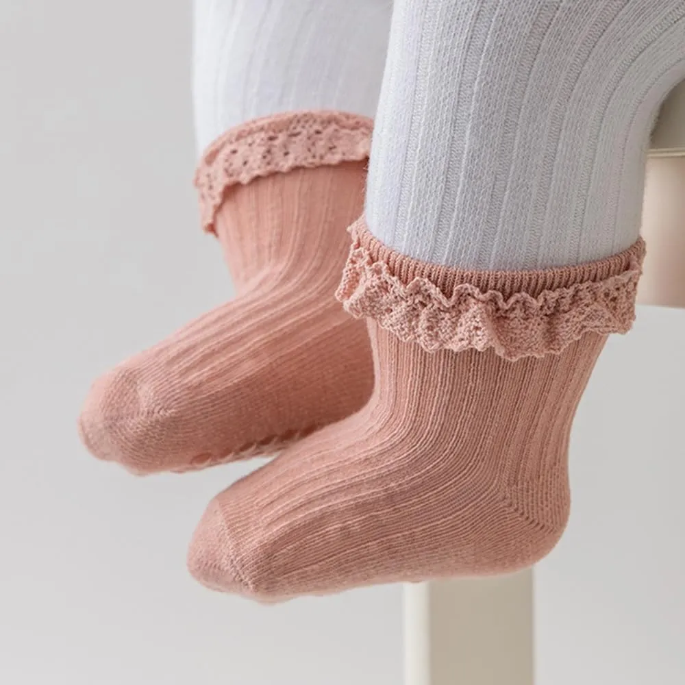 Baby Girl Toddlers Socks with Non-slip Grip Cute Frilly Ruffle Ankle Soft Cotton Newborn Baby Socks for Infant Kids