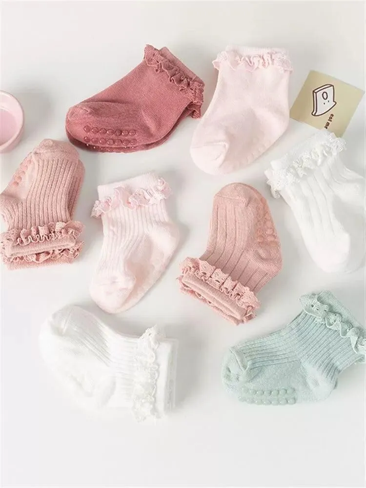 Baby Girl Toddlers Socks with Non-slip Grip Cute Frilly Ruffle Ankle Soft Cotton Newborn Baby Socks for Infant Kids