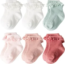 Baby Girl Toddlers Socks with Non-slip Grip Cute Frilly Ruffle Ankle Soft Cotton Newborn Baby Socks for Infant Kids