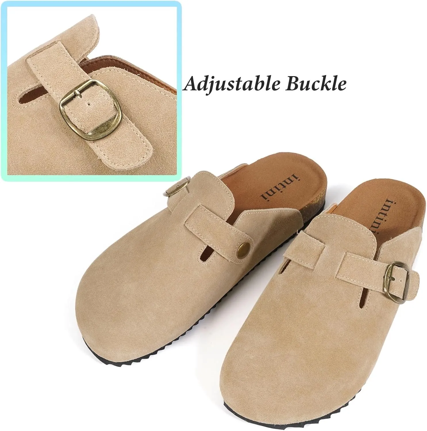 Intini Womens Suede Clogs Mens Leather Mules Cork Footbed Sandals with Arch Support