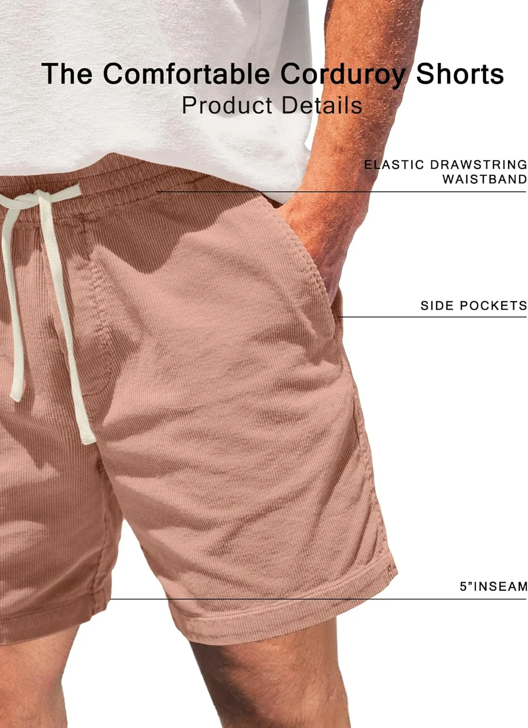 Men's Corduroy Shorts 5 Inch Inseam Drawstring Elastic Waist Lightweight Casual Summer Beach Shorts with Pocket