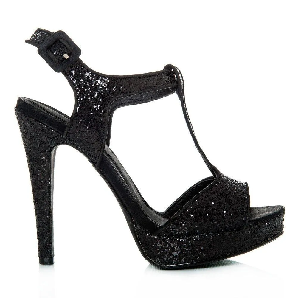 Paula T-Bar Platform Glittery High Heel Ankle Strap Sandals