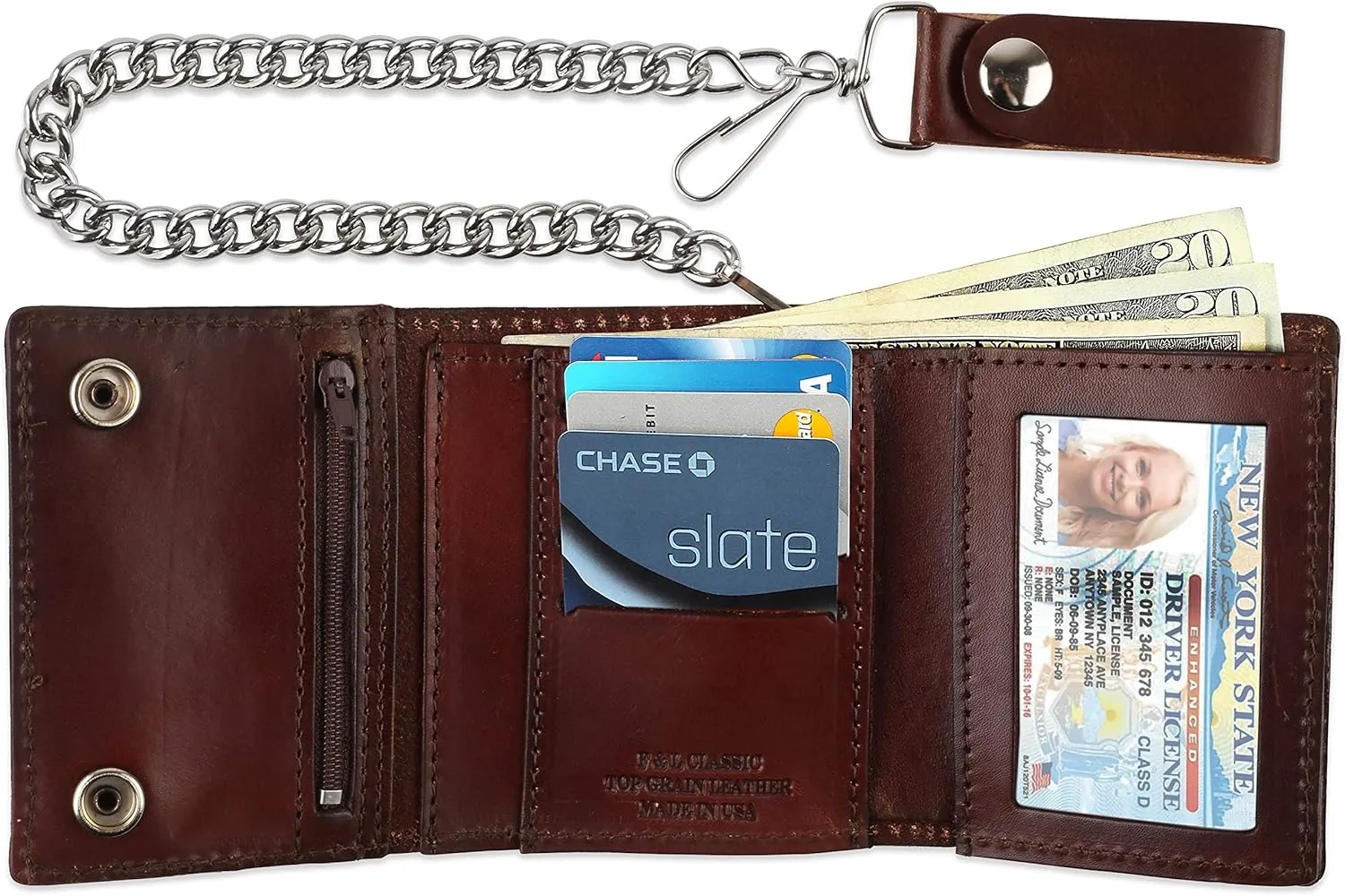 RFID Blocking Men's Tri-fold Vintage Biker Cowhide Leather Steel Chain Wallet,Snap closure, Made In USA,at315-42,eagle,brown