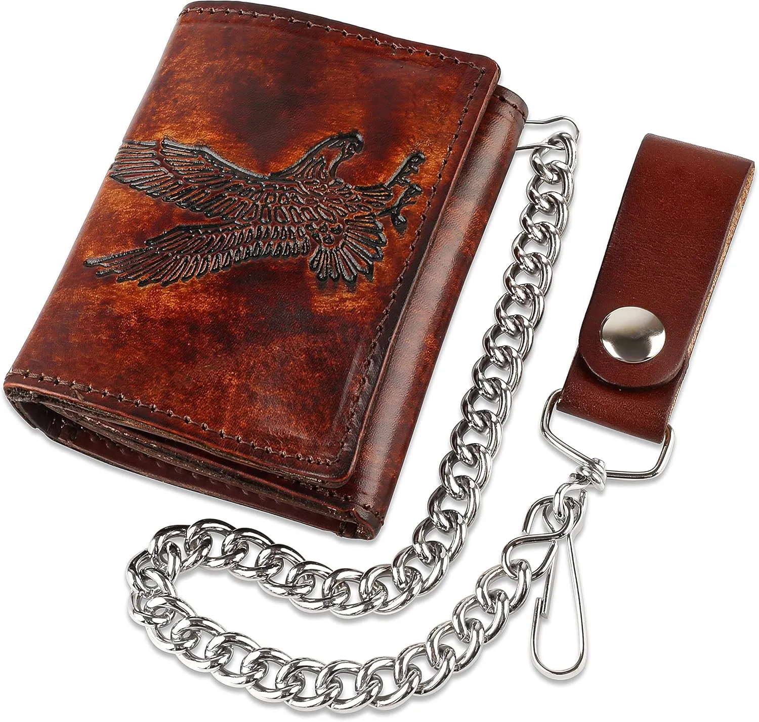 RFID Blocking Men's Tri-fold Vintage Biker Cowhide Leather Steel Chain Wallet,Snap closure, Made In USA,at315-42,eagle,brown