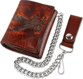RFID Blocking Men's Tri-fold Vintage Biker Cowhide Leather Steel Chain Wallet,Snap closure, Made In USA,at315-42,eagle,brown