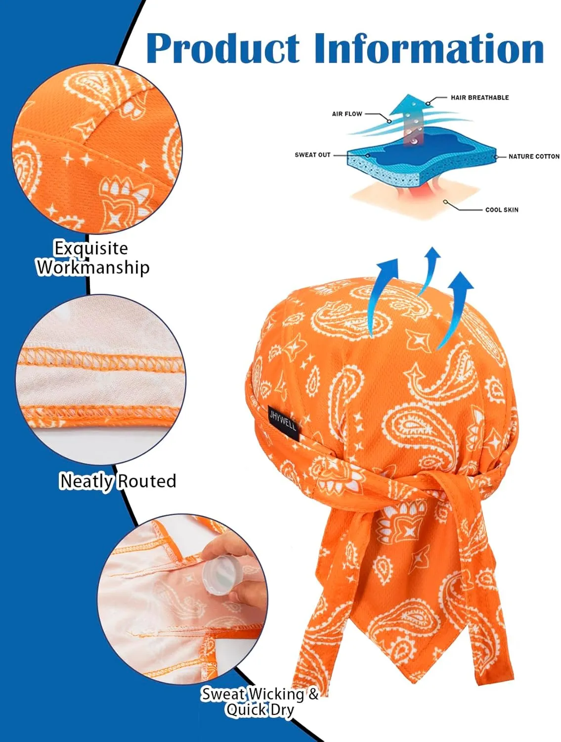 Sweat Wicking Doo Rag Cooling Dew Rag Helmet Liner Large Motorcycle Do Rags Head Wrap Bandana Skull Caps for Men and Women