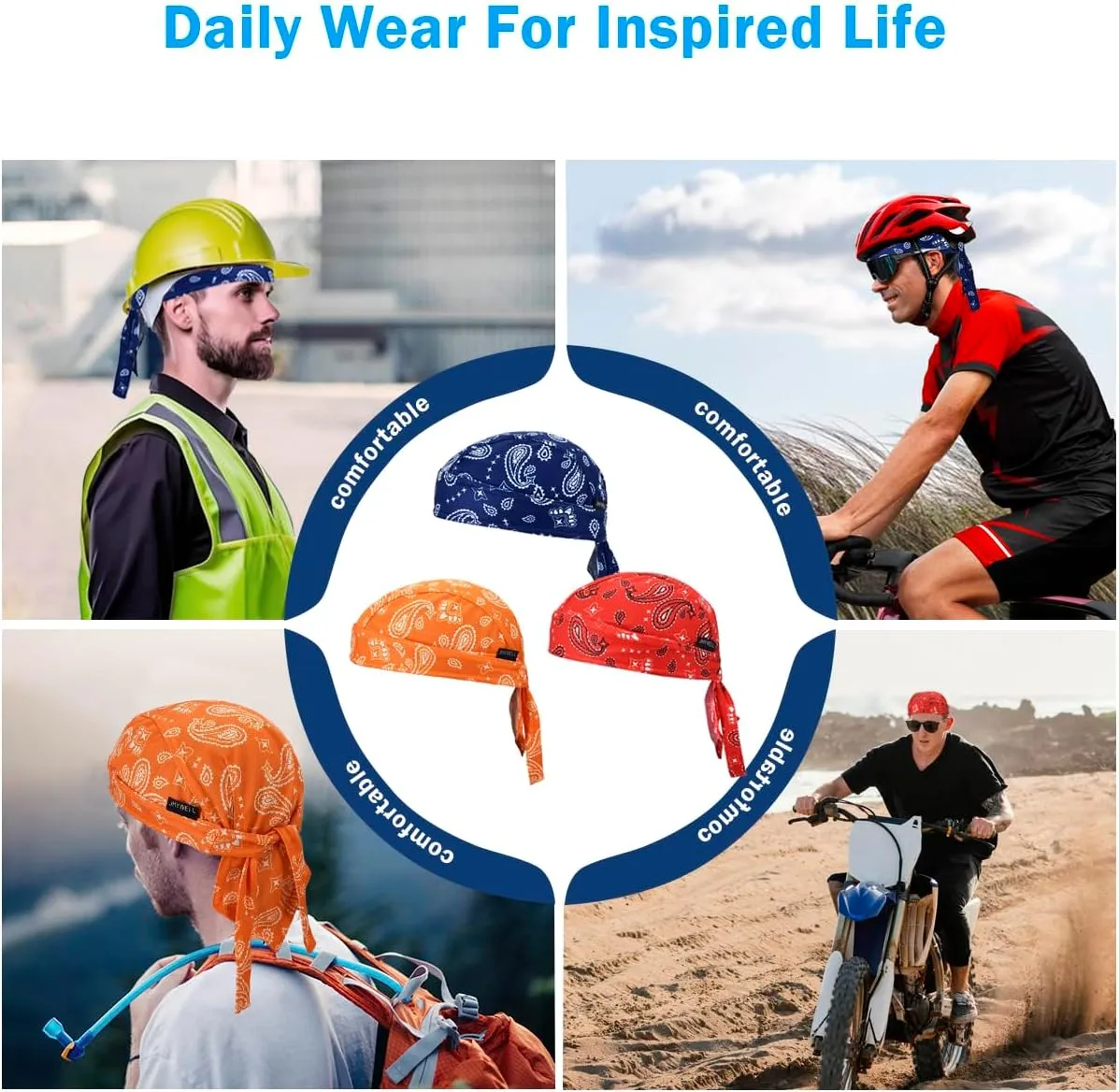 Sweat Wicking Doo Rag Cooling Dew Rag Helmet Liner Large Motorcycle Do Rags Head Wrap Bandana Skull Caps for Men and Women