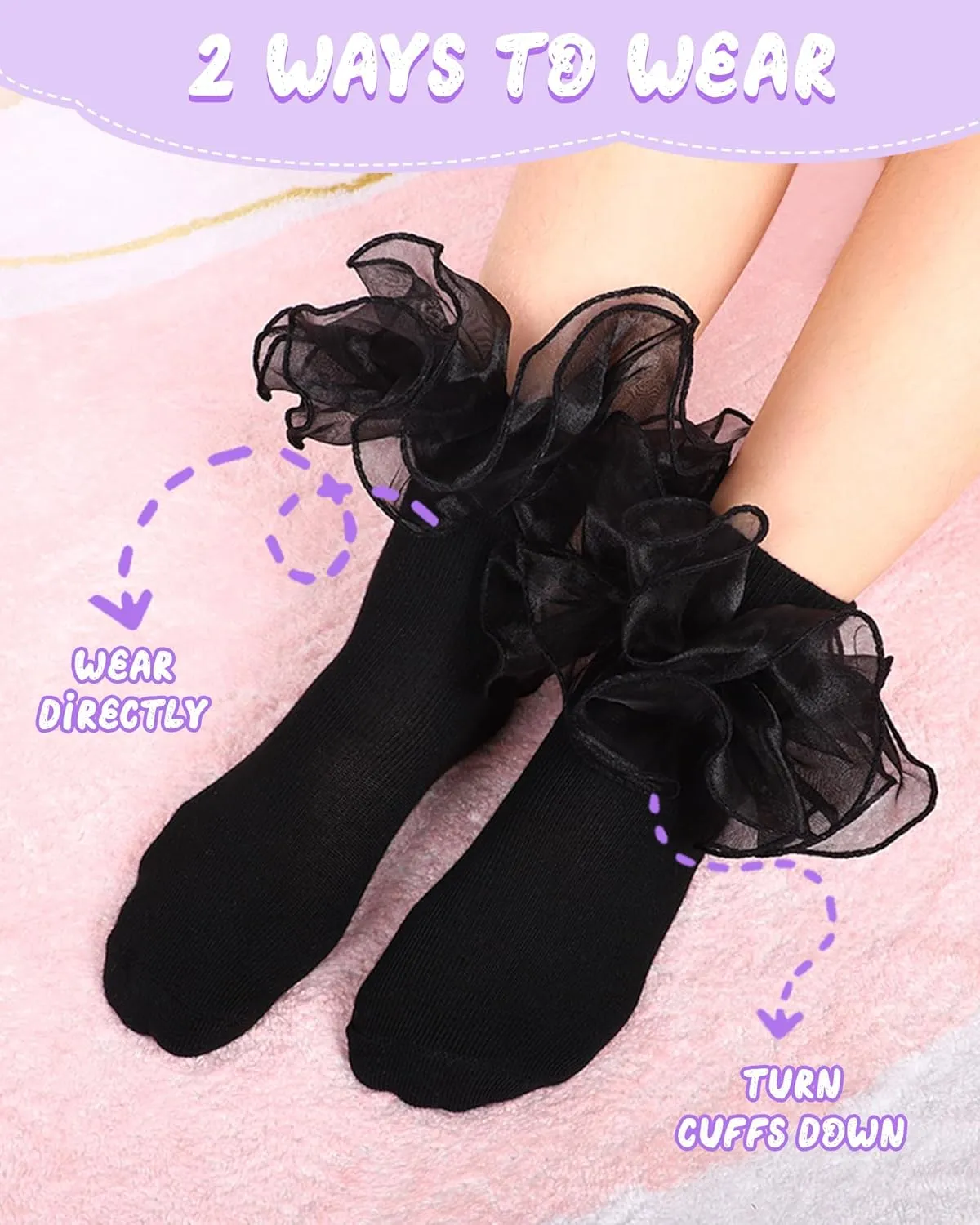 Witwot Toddler Girl Socks with Big Ruffle Lace Frilly Turn Cuff Dress Socks