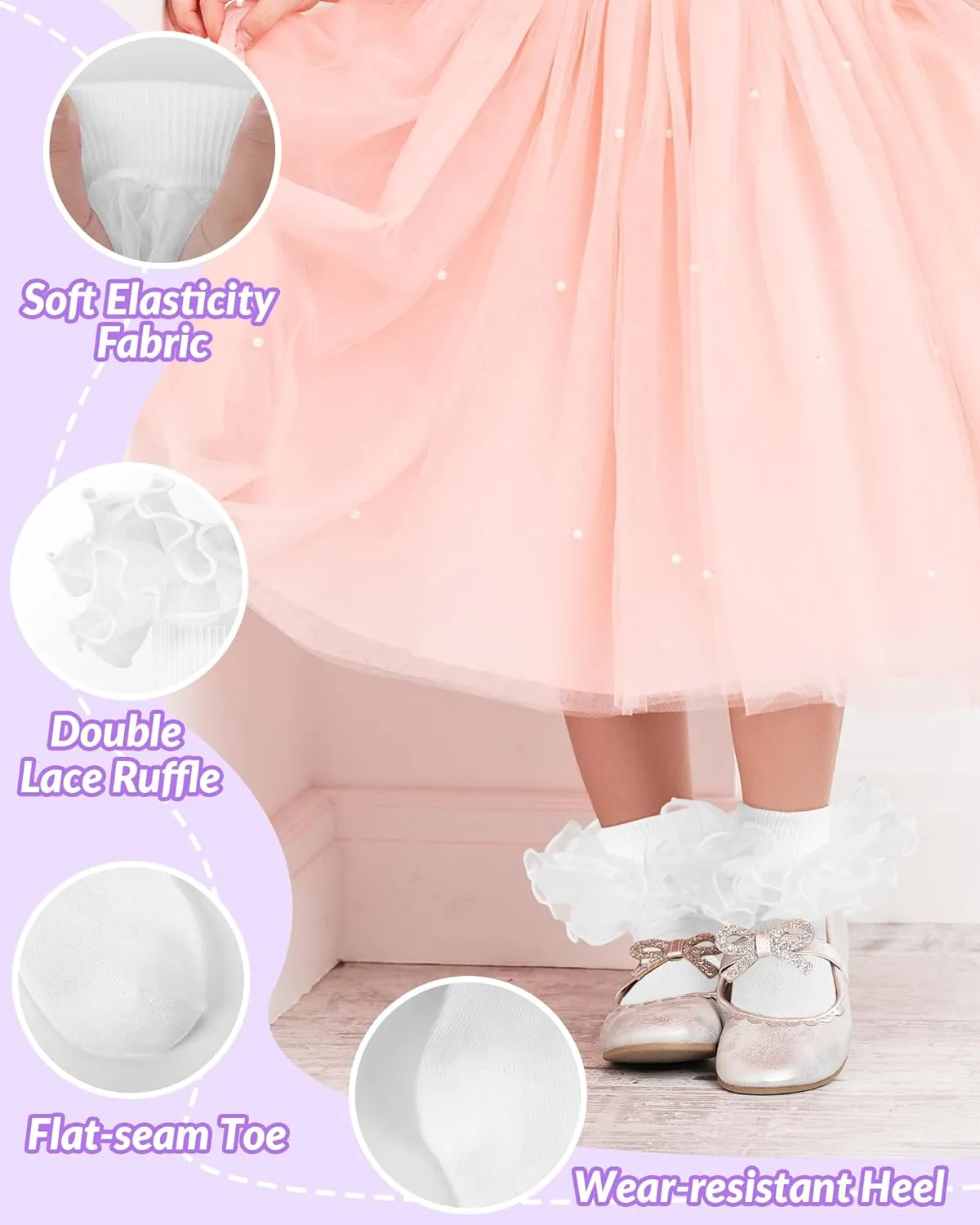 Witwot Toddler Girl Socks with Big Ruffle Lace Frilly Turn Cuff Dress Socks