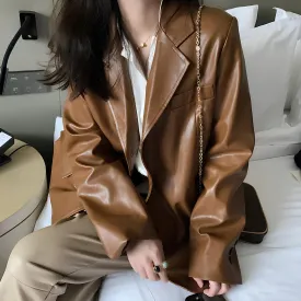 Women's Retro Leather Suit Jacket – Sleek & Stylish for Spring & Autumn